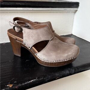 Dansko heeled clogs in mushroom suede size 38